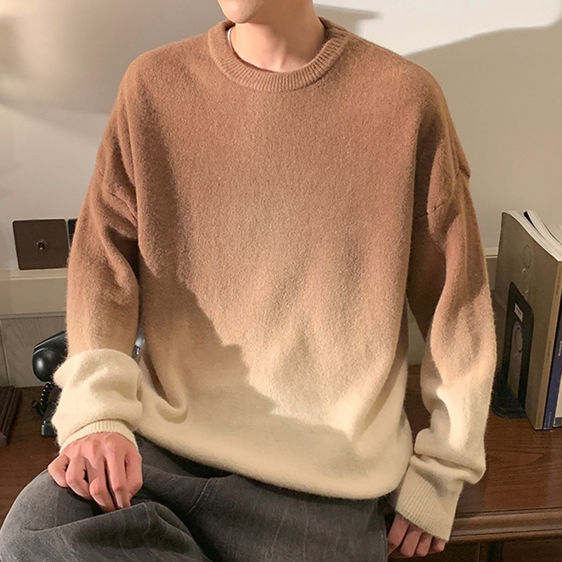 boy Autumn Winter New Gradient Color Sweater Men Thickened Warm Knitted Shirt Youth Trend Pullover Woolen Top_voghion.com