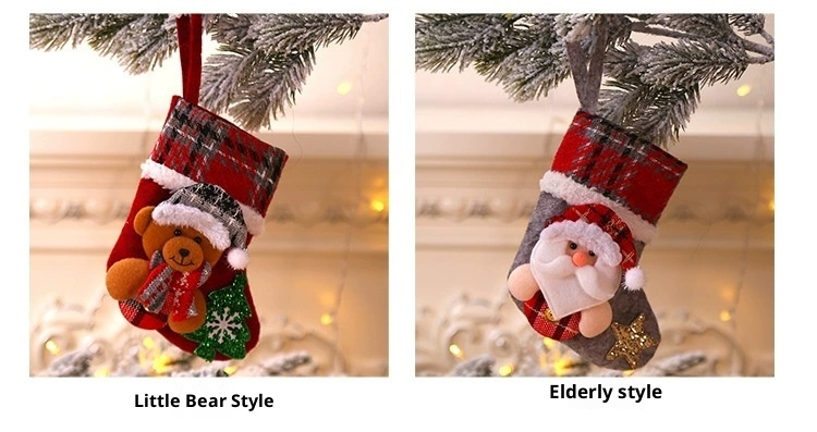 Lillian Neue Dekorationen Strümpfe Baumschmuck Kleine 3D karierte Stoff-Weihnachtsmannpuppe Weihnachtssocken_voghion.com