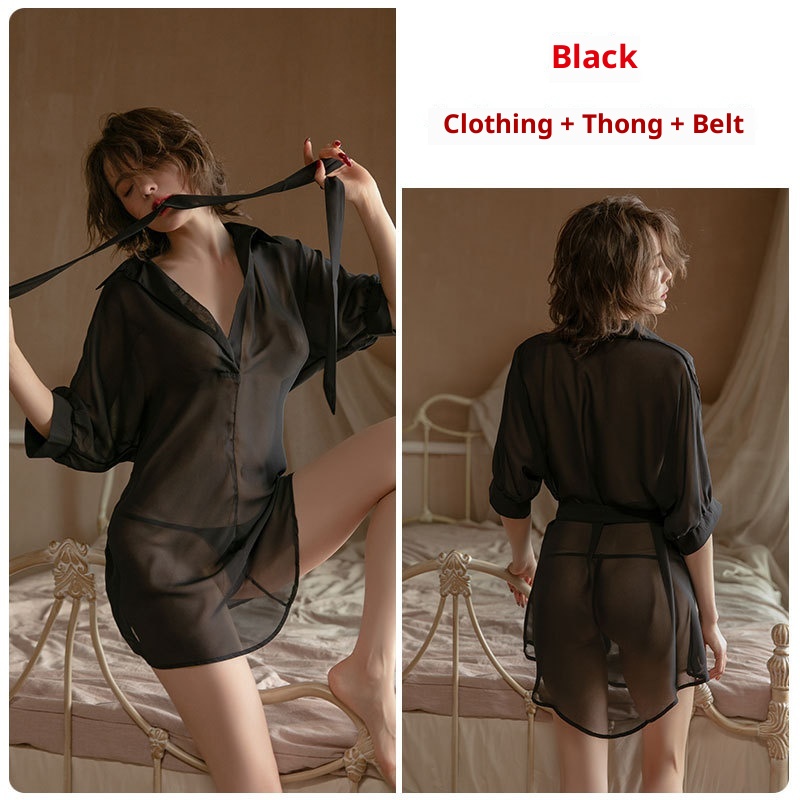 ChicShe Guiruo Brand European And American Spring Summer Sexy Deep V Chiffon See-through Temptation Nightdress Lace-up Shirt_voghion.com
