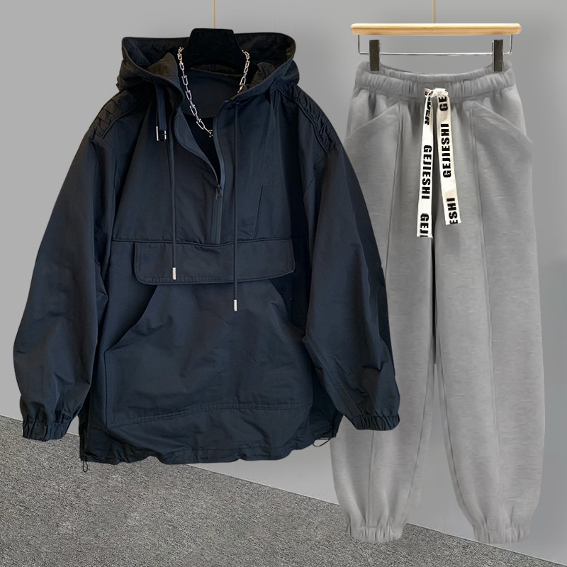 001 Brand Hooded Jacket Set For Men, Lightweight Korean Style, Trendy Workwear, Patchwork Design, Windbreaker, Softshell_voghion.com