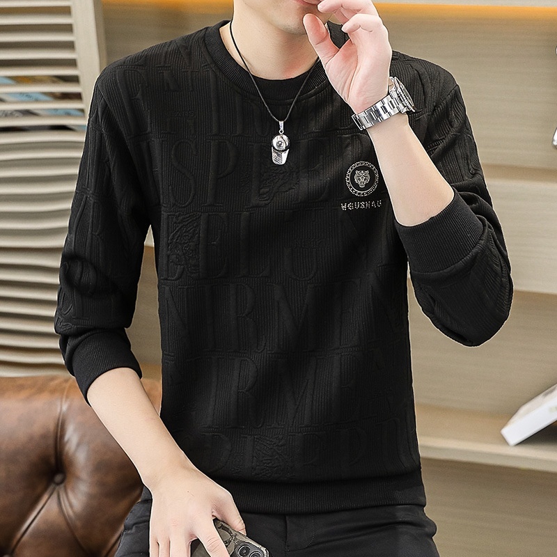 Maglietta a maniche lunghe da uomo primavera e autunno, strato di base, vestibilità ampia, nuovo pullover alla moda di grandi dimensioni_voghion.com