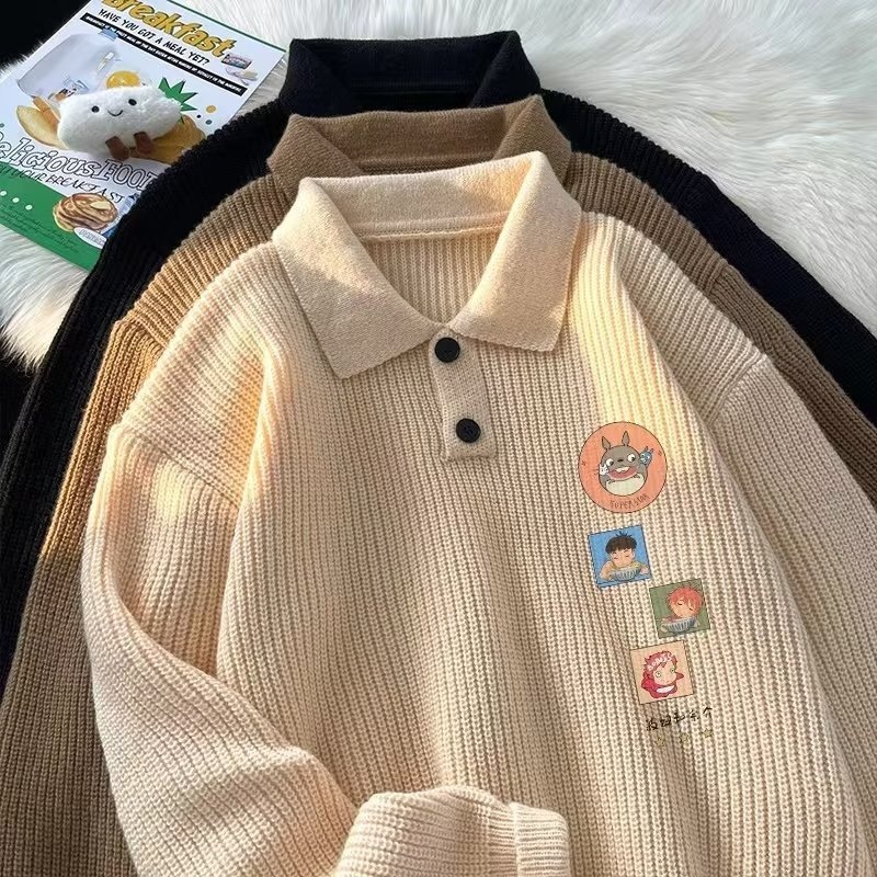 Schwarzer Polo-Pullover mit Cartoon-Motiv für Jungen, Herren, Herbst/Winter, dick gefüttert, lässig, Strickware_voghion.com