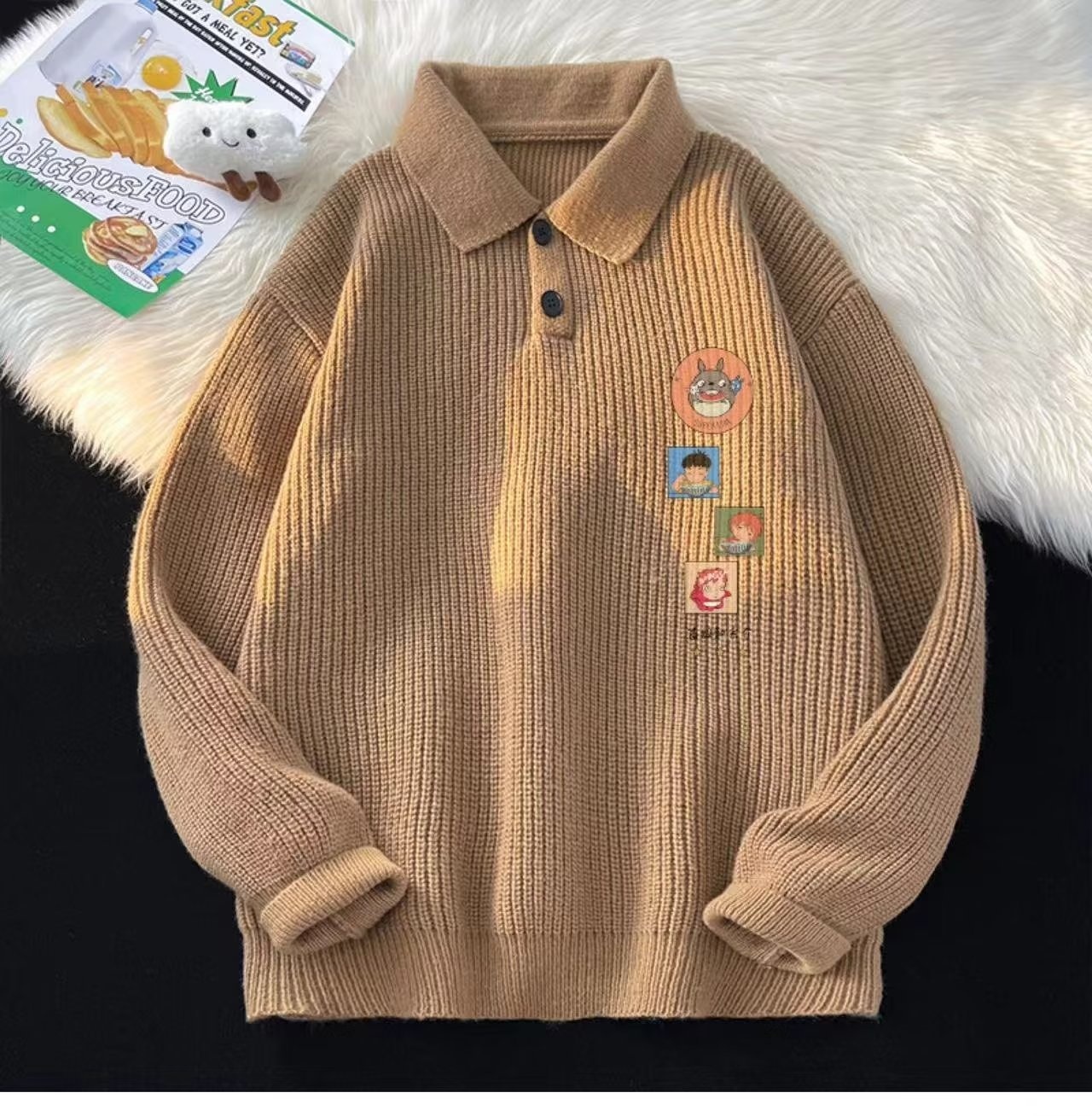 Schwarzer Polo-Pullover mit Cartoon-Motiv für Jungen, Herren, Herbst/Winter, dick gefüttert, lässig, Strickware_voghion.com