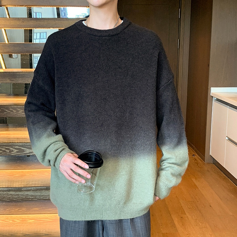 boy Autumn Winter New Gradient Color Sweater Men Thickened Warm Knitted Shirt Youth Trend Pullover Woolen Top_voghion.com