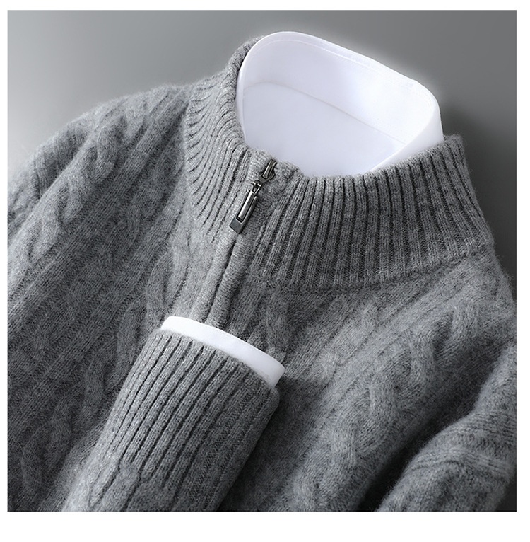 boy Autumn Winter New 100% Pure Wool Men's Half Turtleneck Zipper Thickened Cable Knit Casual Loose Cashmere Sweater_voghion.com