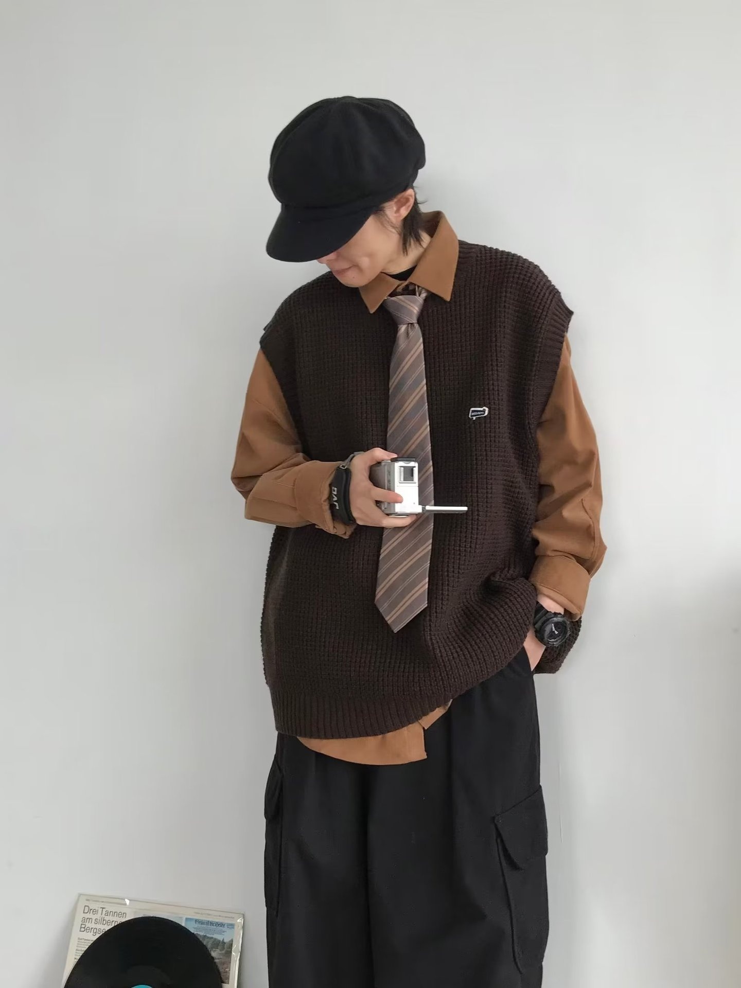 Maglione girocollo unisex in stile college, stile retrò giapponese, autunno inverno, senza maniche, in tinta unita, lavorato a maglia_voghion.com