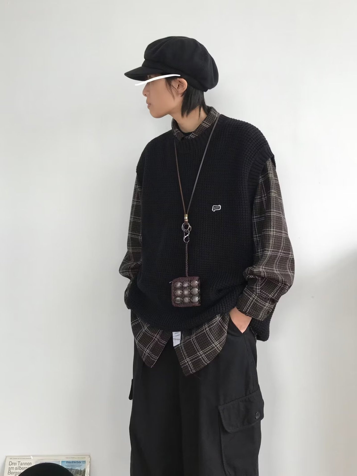 Maglione girocollo unisex in stile college, stile retrò giapponese, autunno inverno, senza maniche, in tinta unita, lavorato a maglia_voghion.com