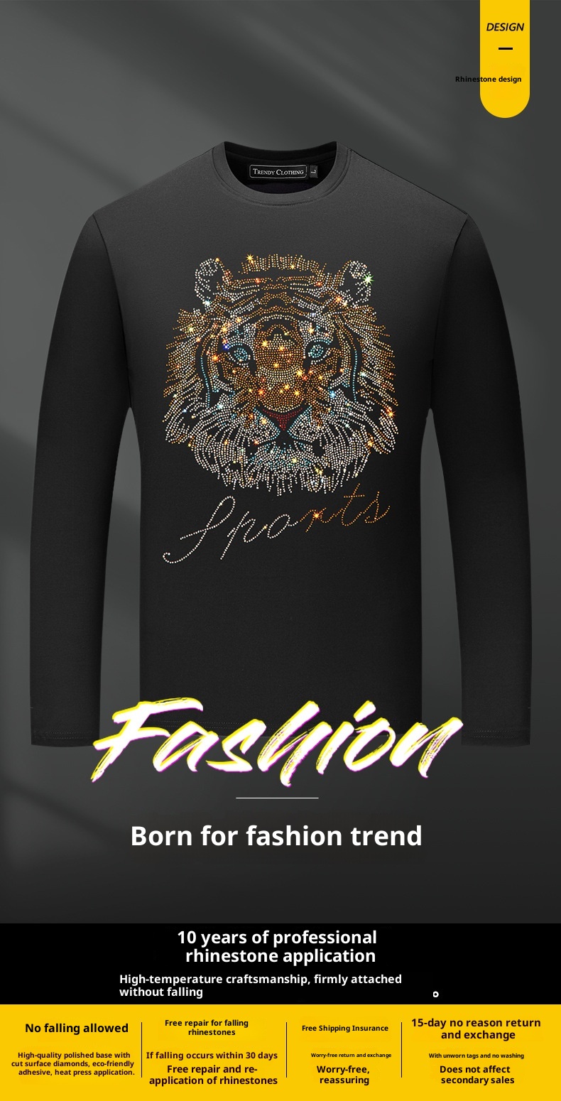 boy European Station Rhinestone Tiger Head Long Sleeve For Men Black Modal Plus Size T-Shirt Men's Base Shirt Autumn Wear_voghion.com