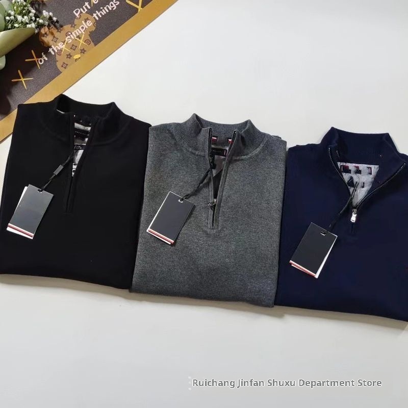 boy Stand Collar Fashion Men's Half Turtleneck Sweater Autumn Winter Trendy Casual Zipper Warm Knitted Jacket_voghion.com