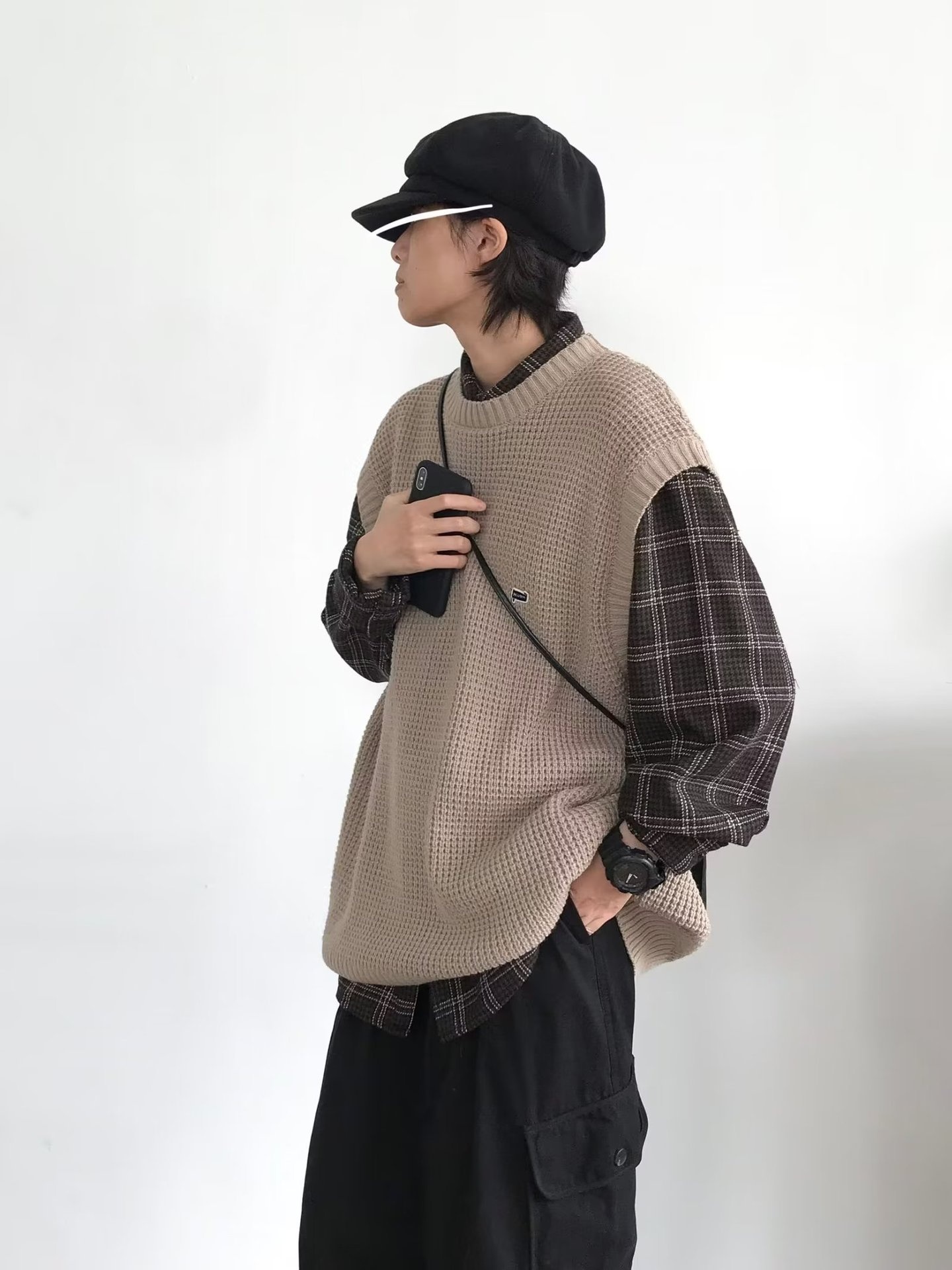 Maglione girocollo unisex in stile college, stile retrò giapponese, autunno inverno, senza maniche, in tinta unita, lavorato a maglia_voghion.com