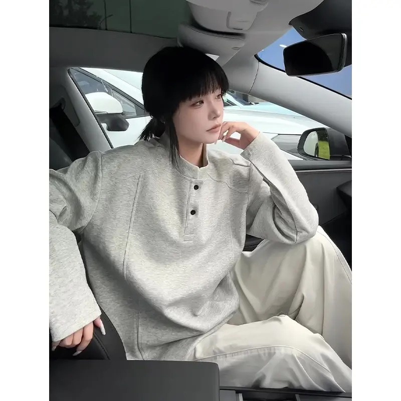 boy Henry Collar Regular Shoulder Sweatshirt For Men, Autumn Cleanfit American Style Deconstructed Patchwork Design Long_voghion.com