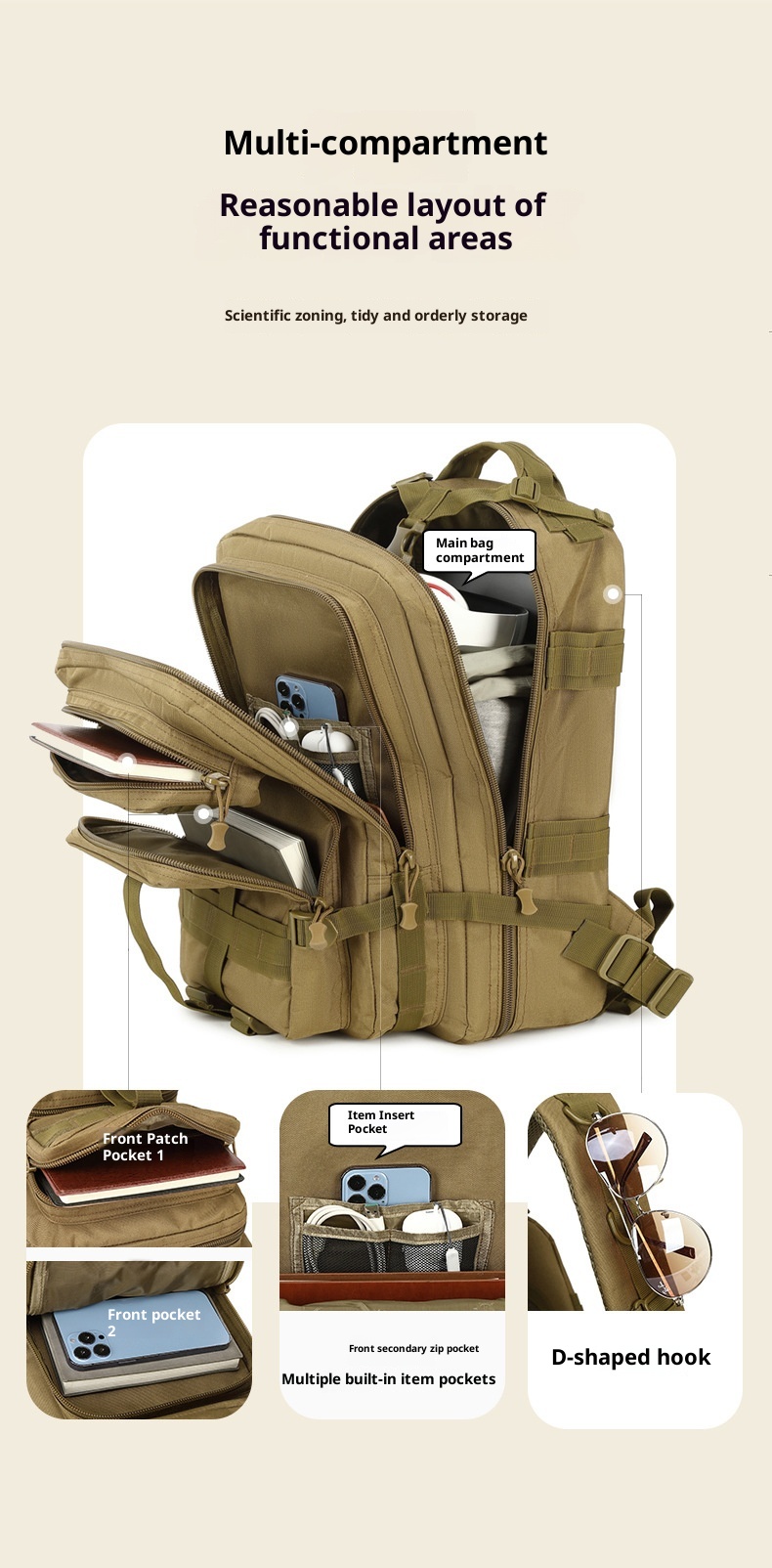 Zaino tattico ActiveGo, grande capacità, multifunzionale, per sport all'aria aperta, da viaggio, alpinismo, da uomo, portatile_voghion.com