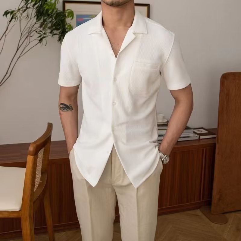 ForMen Ice Silk Waffle Collar Short For Men, British Style, Summer Half Sleeve Thin Business Casual Shirt_voghion.com