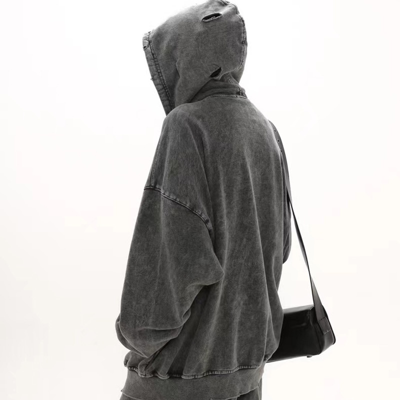 boy European And Autumn Winter Distressed Hooded Sweatshirt For Men, Washed Heavy Loose Fit Versatile Retro Couple Style_voghion.com