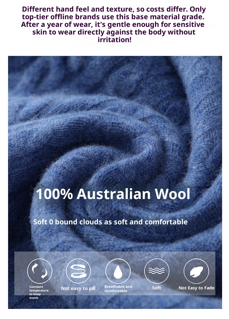 boy Autumn Winter New 100% Pure Wool Men's Half Turtleneck Zipper Thickened Cable Knit Casual Loose Cashmere Sweater_voghion.com