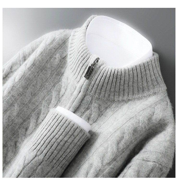 boy Autumn Winter New 100% Pure Wool Men's Half Turtleneck Zipper Thickened Cable Knit Casual Loose Cashmere Sweater_voghion.com