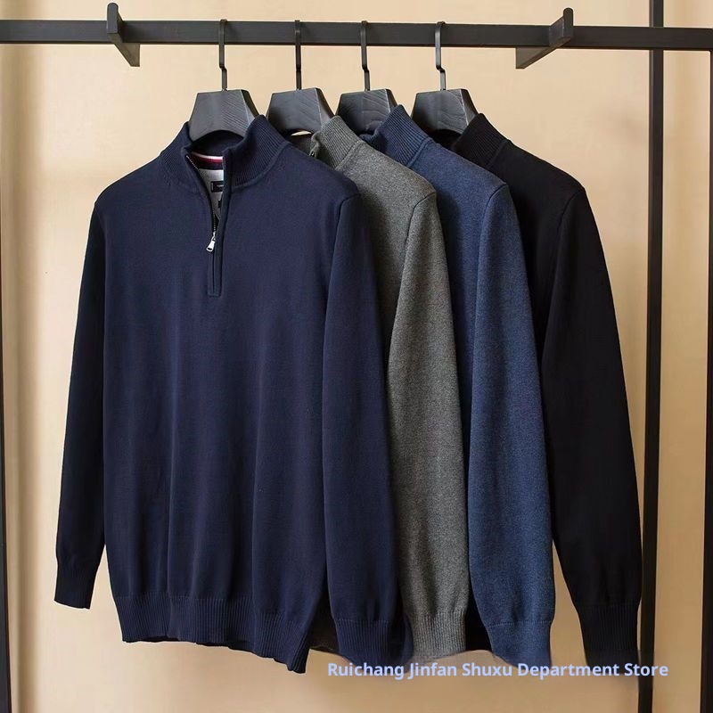 boy Stand Collar Fashion Men's Half Turtleneck Sweater Autumn Winter Trendy Casual Zipper Warm Knitted Jacket_voghion.com
