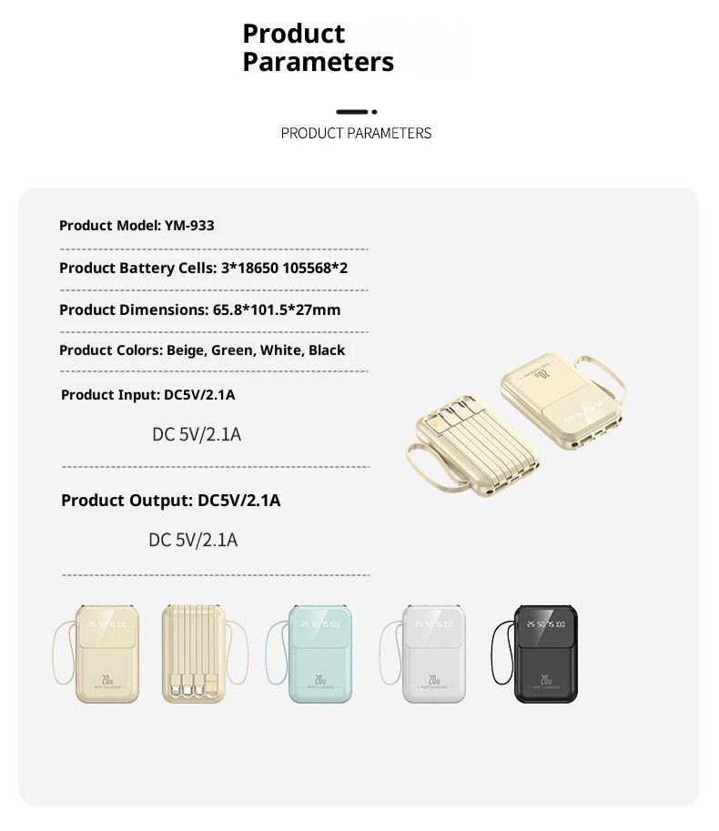 Techglobe Mini Cavo Integrato 20000mAh Banca Grande Capacità Cartone Animato Alimentatore Portatile Mobile con Ricarica Rapida Stampata_voghion.com