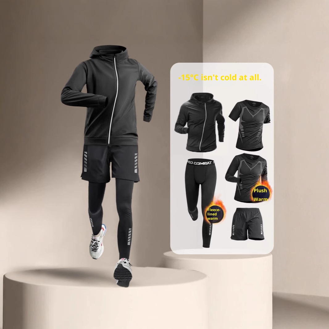 001 Completo da corsa invernale da uomo, foderato in pile, caldo, abbigliamento fitness, casual, versatile, ad asciugatura rapida, allenamento sportivo mattutino_voghion.com