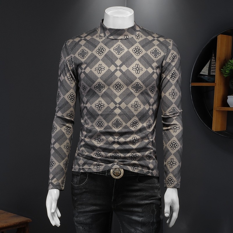 boy Europe Station 2023 Autumn Winter New Men's High Neck Base Shirt Plus Size Printed Casual Korean Style Slim Fit Pullover_voghion.com