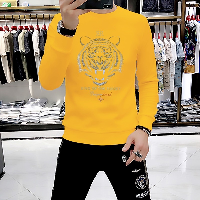 boy European Station New Men's Sweatshirt With Rhinestones, Domineering Tiger Head, Unique Trendy Brand, Long Sleeve Shirt,_voghion.com