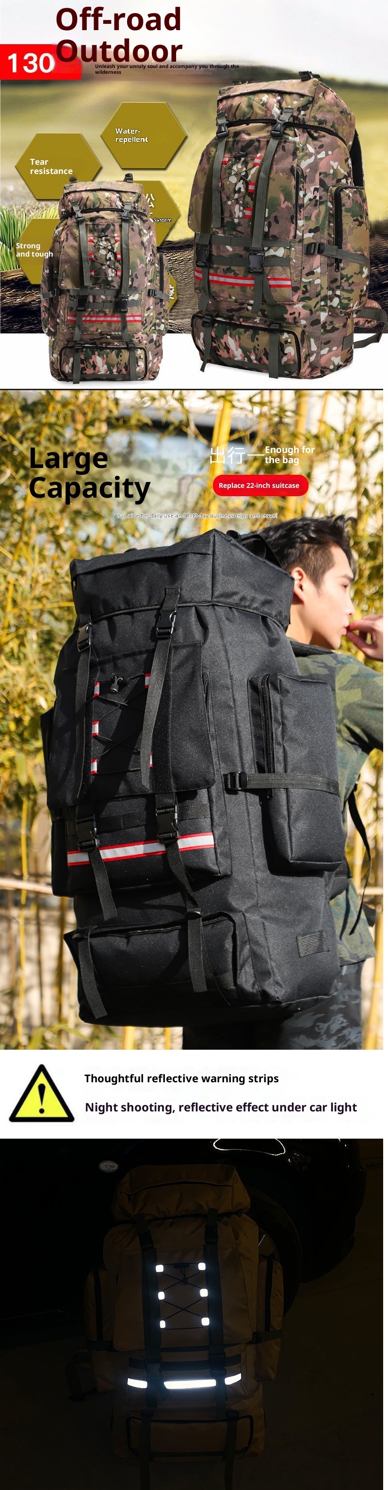 Zaino da viaggio antipioggia ActiveGo da 130 litri, extra large, con doppia spalla, per uomo, trapuntato, per sport all'aria aperta, escursionismo_voghion.com