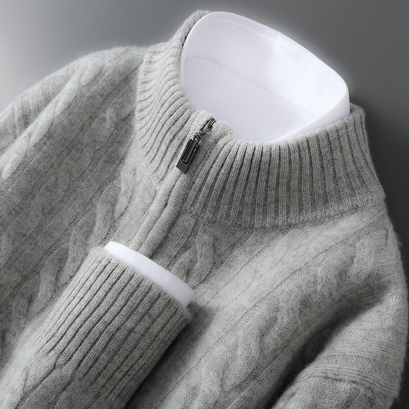 boy Autumn Winter New 100% Pure Wool Men's Half Turtleneck Zipper Thickened Cable Knit Casual Loose Cashmere Sweater_voghion.com