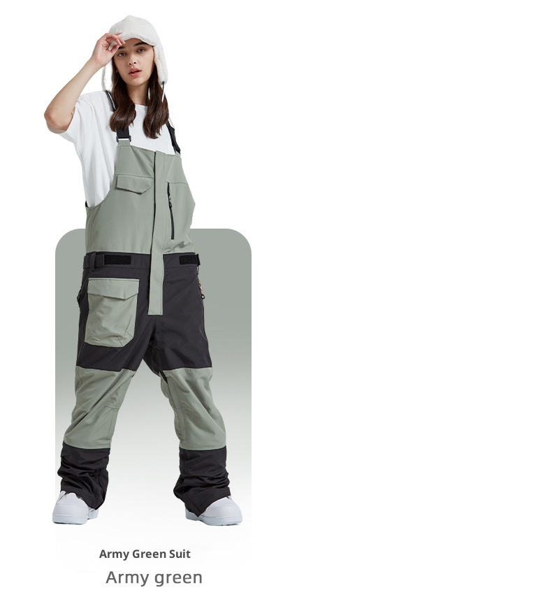 001 2023 Winter New Ski Bib Waterproof Patchwork Color Block Slim Unisex Warm Snow Pants_voghion.com