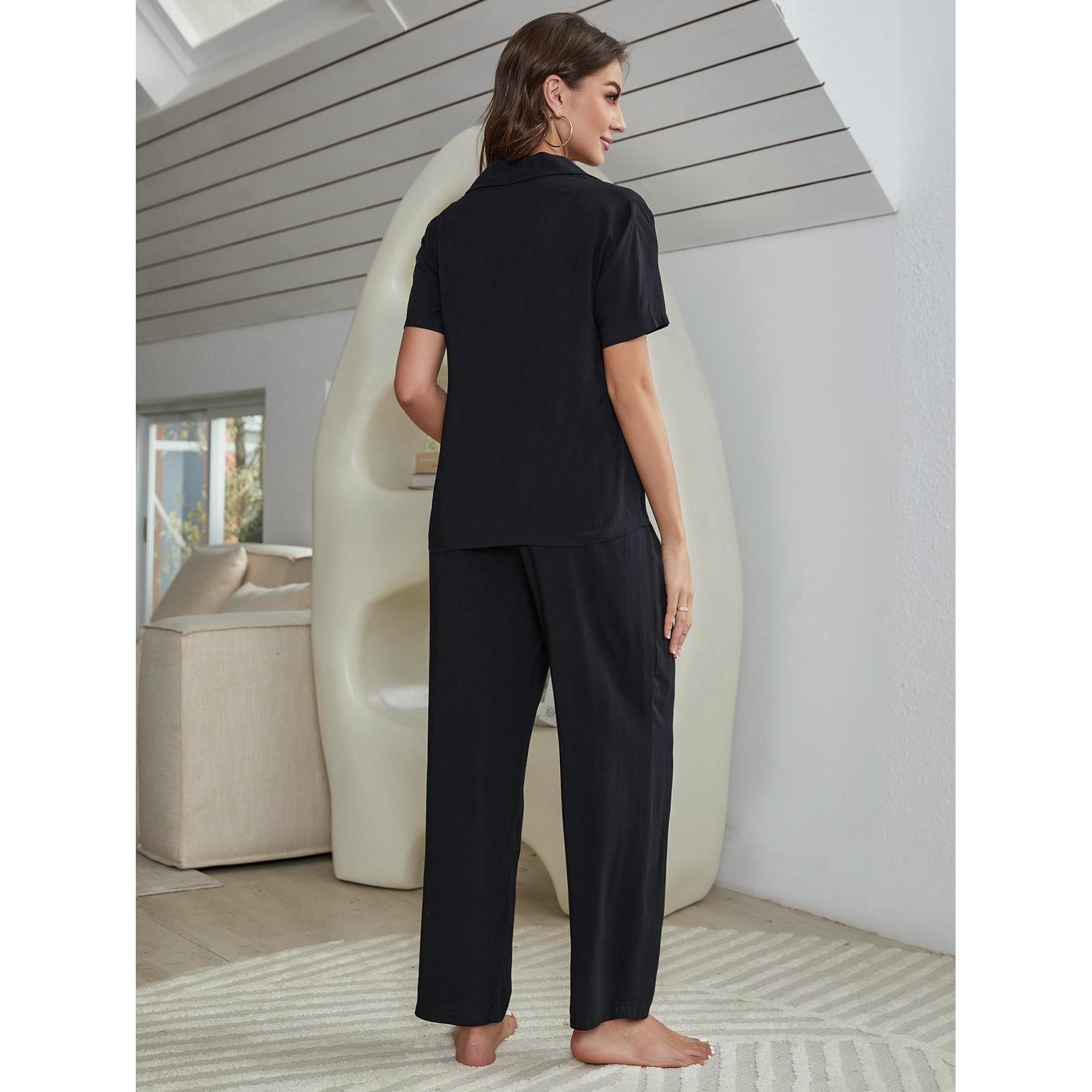 ChicShe Pigiama estivo da donna europeo e americano, sottile, tinta unita, manica corta, pantaloni lunghi, set da tre pezzi_voghion.com