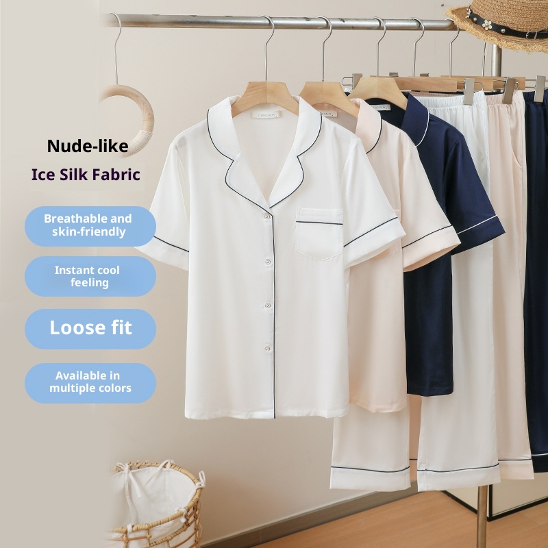 ChicShe Pigiama da donna in seta ghiacciata, semplice, a tinta unita, stile europeo e americano, a maniche corte e pantaloni lunghi_voghion.com