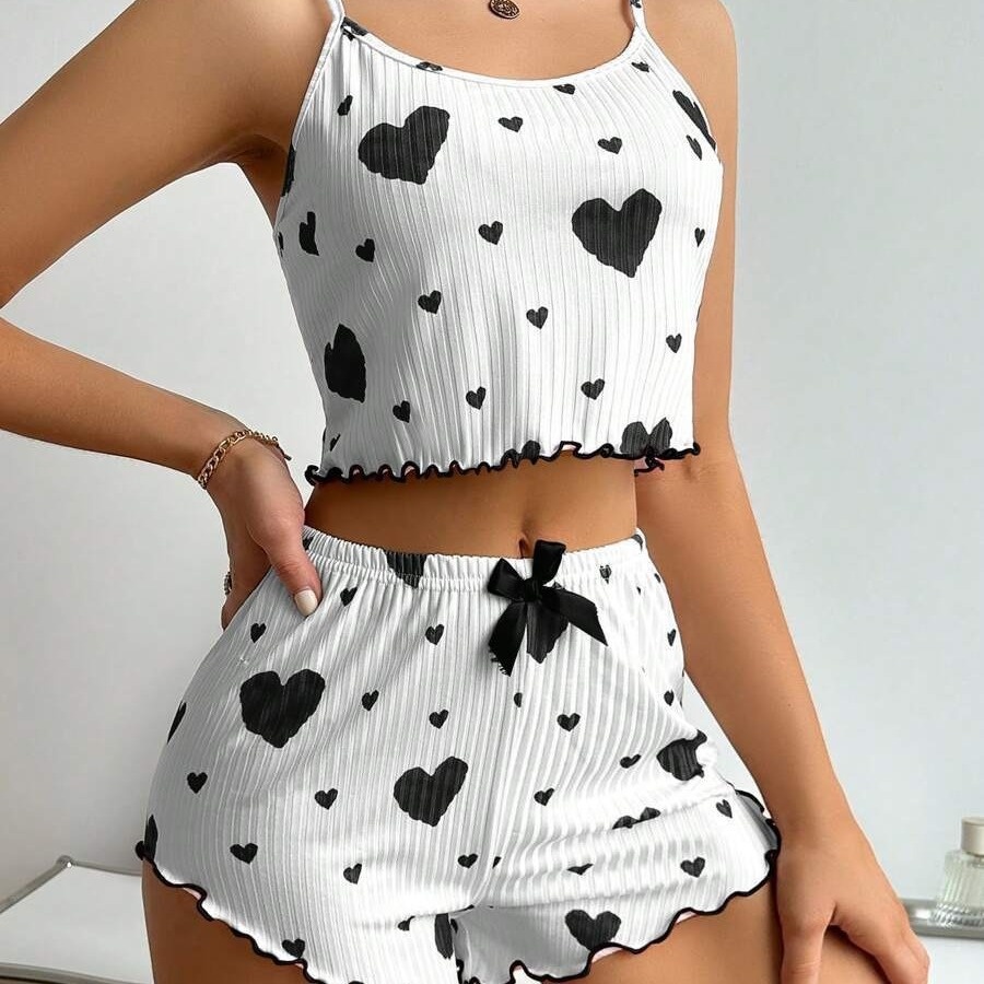 ChicShe European And American Cross-Border Hot-Selling Homewear Heart Print Camisole Shorts Cual Ribbed Wearable Women's_voghion.com