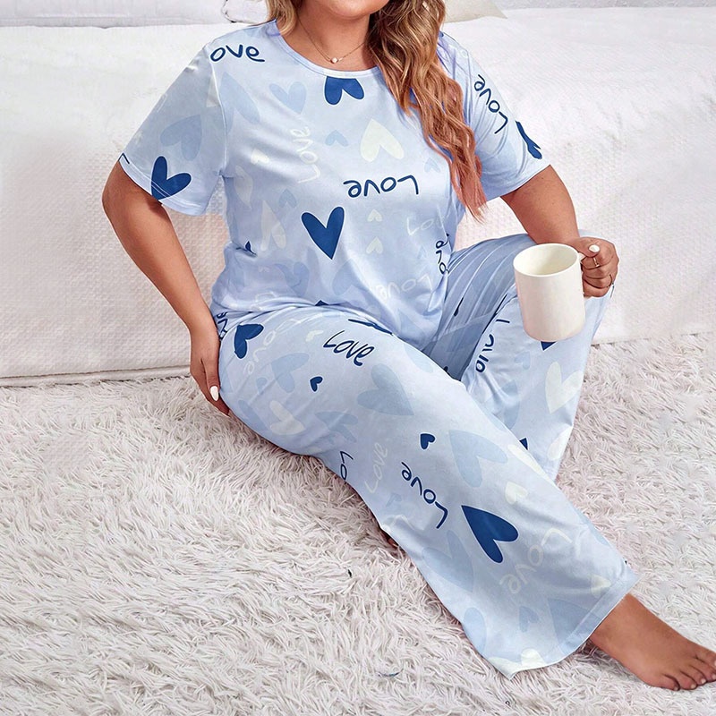 ChicShe Pyjama-Set in Übergröße für Damen: Lange Hose, Kurzarm-T-Shirt mit Herzmuster, 2-teilig, bordeauxrot_voghion.com