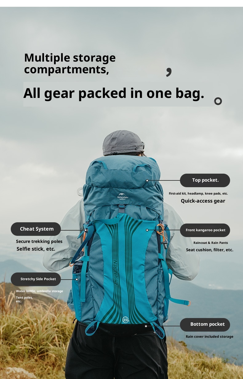 Zaino da trekking professionale ActiveGo Natur Noke Cloud Trail da 55 litri, grande capacità, doppia tracolla_voghion.com