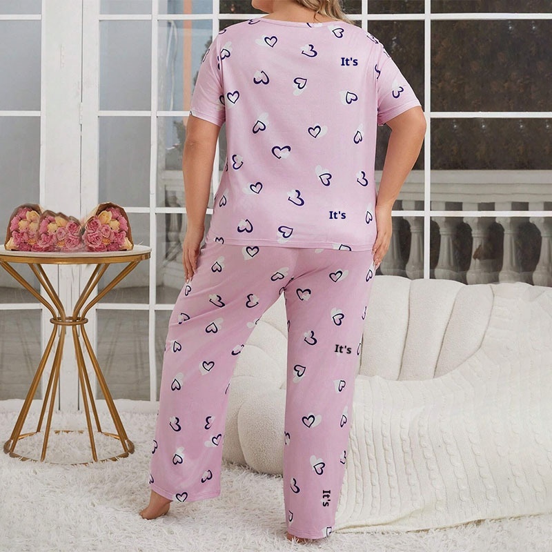 ChicShe Cross-Border Autumn Winter Plus Size Women's Pajamas Heart Print Round Neck Short Sleeve Long Pants European American_voghion.com