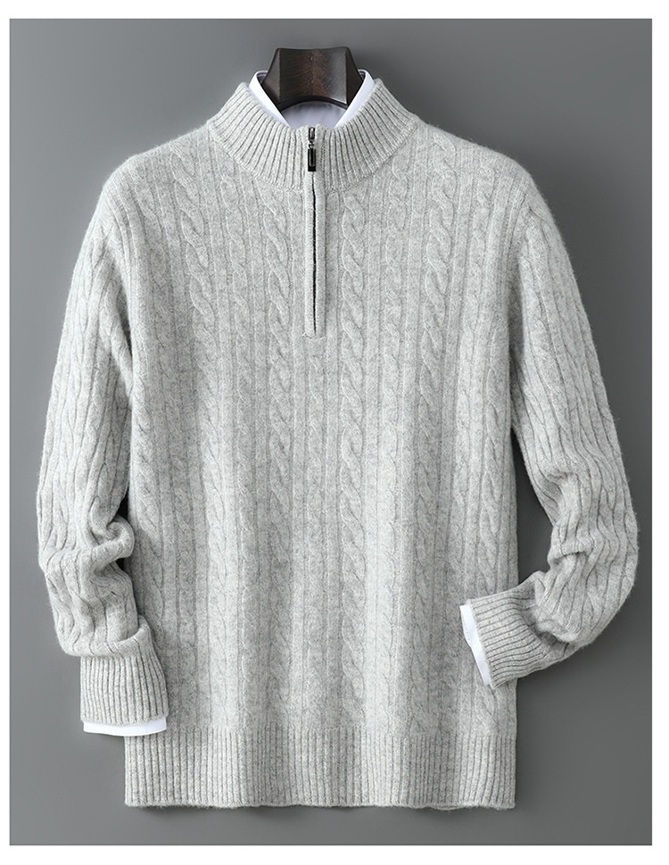 boy Autumn Winter New 100% Pure Wool Men's Half Turtleneck Zipper Thickened Cable Knit Casual Loose Cashmere Sweater_voghion.com