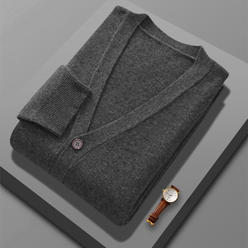 Cardigan da uomo in pura lana lavorato a maglia, autunno inverno, con scollo a V, ampio, spesso, casual, a maniche lunghe, monopetto_voghion.com