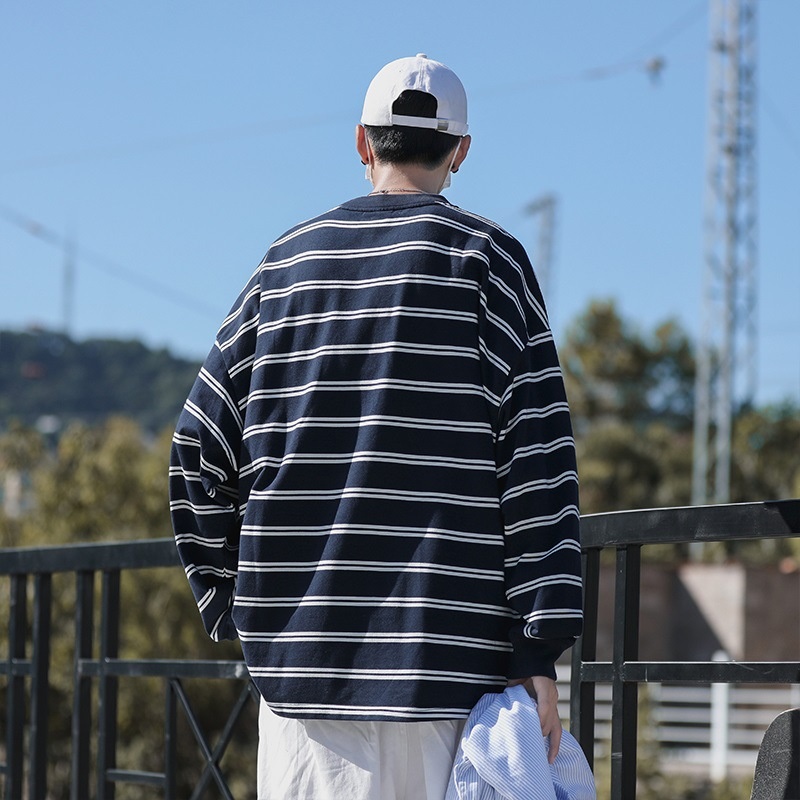 boy Hong Kong Japanese Striped Long Sleeve T-Shirt Trendy Brand Cool Style Men's Spring Autumn Base Shirt Ins Trend High_voghion.com