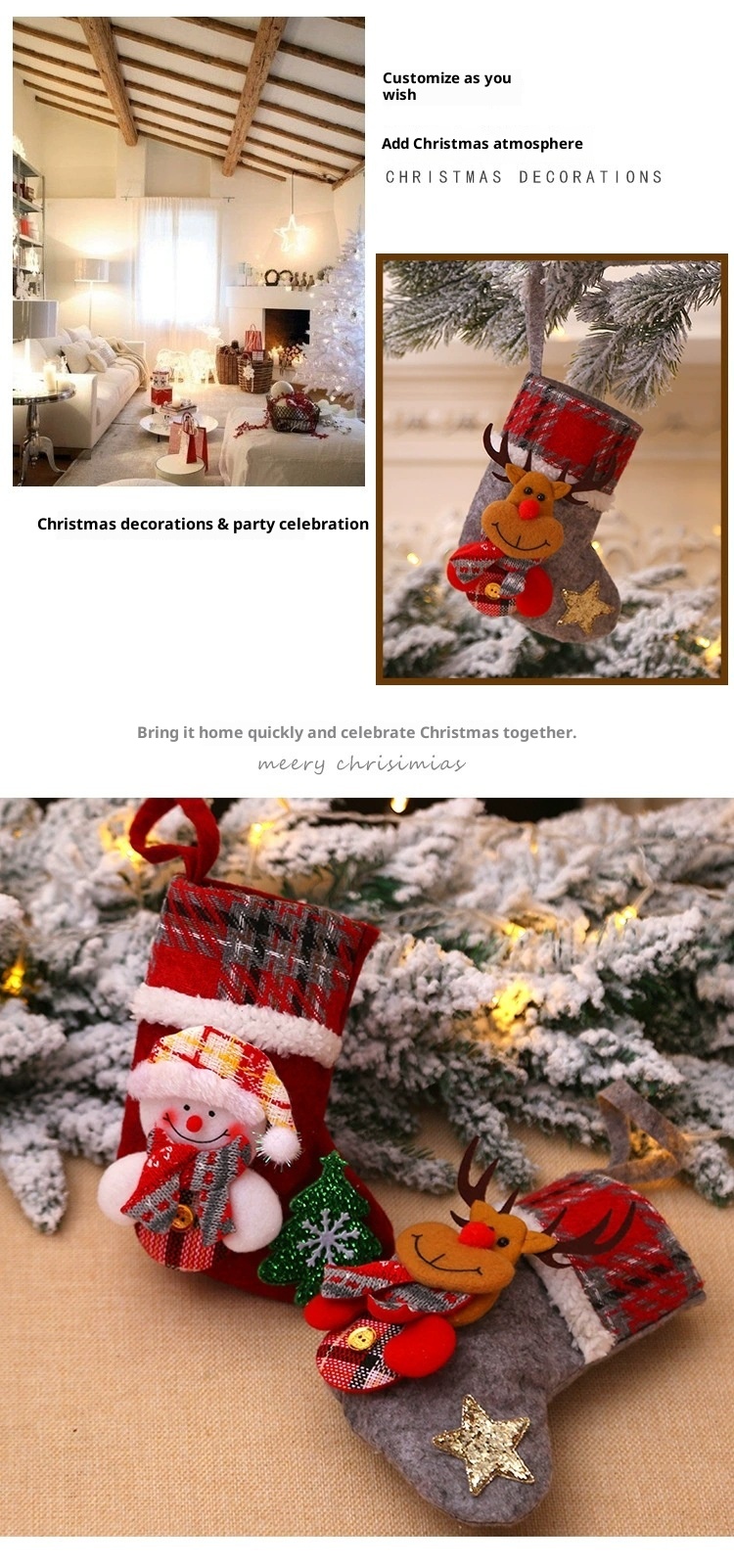 Lillian Neue Dekorationen Strümpfe Baumschmuck Kleine 3D karierte Stoff-Weihnachtsmannpuppe Weihnachtssocken_voghion.com
