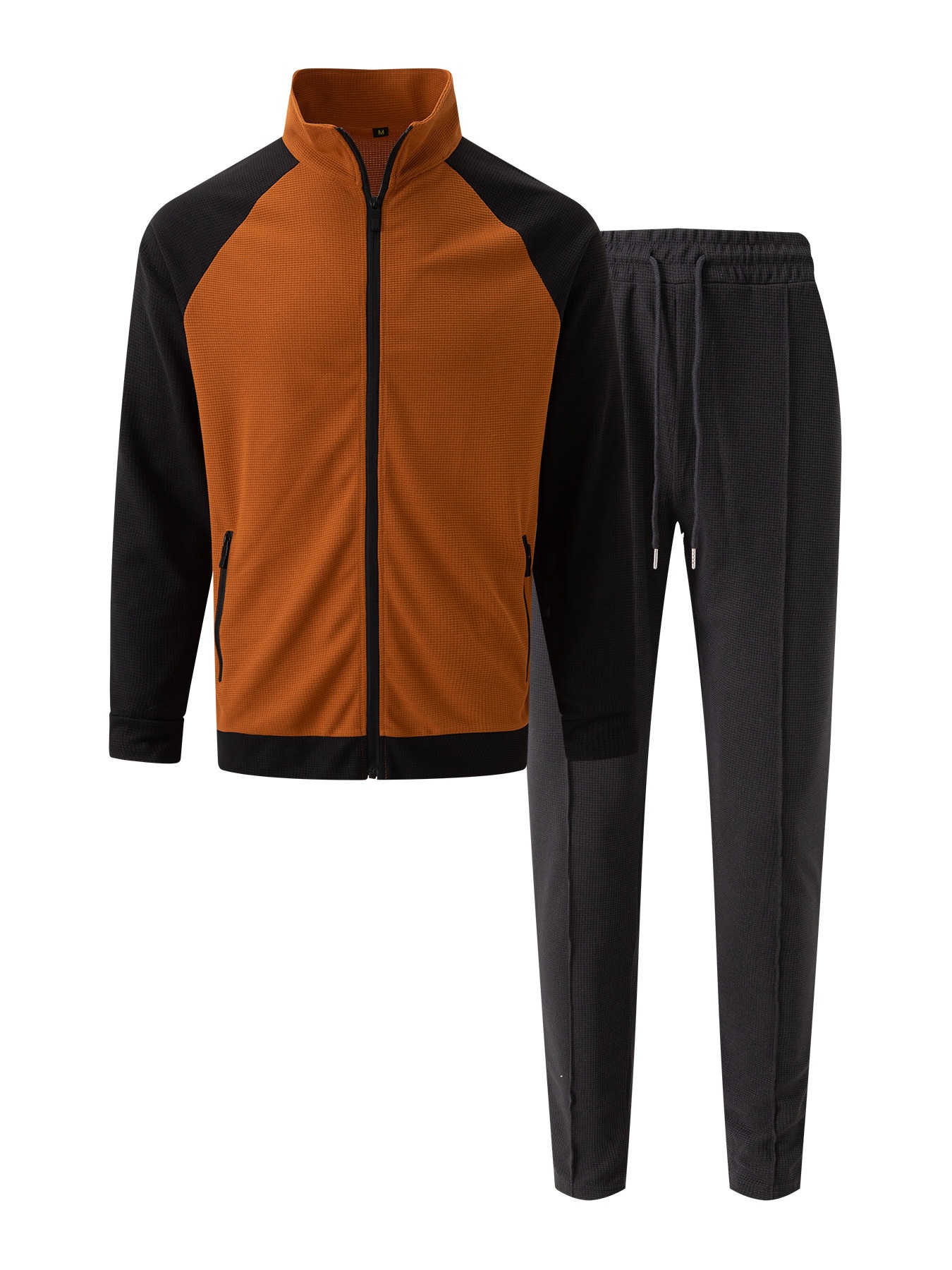 001 European American New Autumn And Winter Cross-Border Men's Daily Waffle Color Block Long Sleeve Jacket_voghion.com