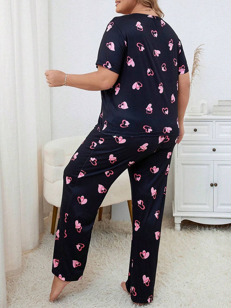 ChicShe Cross-Border Autumn Winter Plus Size Women's Pajamas Heart Print Round Neck Short Sleeve Long Pants European American_voghion.com