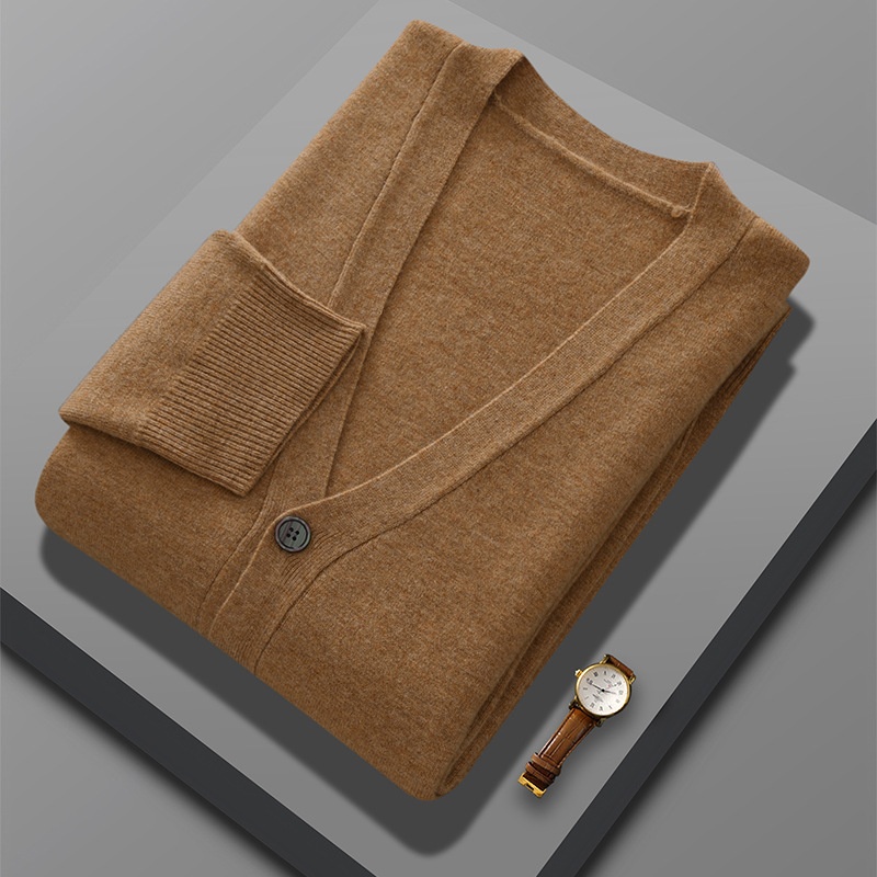 Cardigan da uomo in pura lana lavorato a maglia, autunno inverno, con scollo a V, ampio, spesso, casual, a maniche lunghe, monopetto_voghion.com