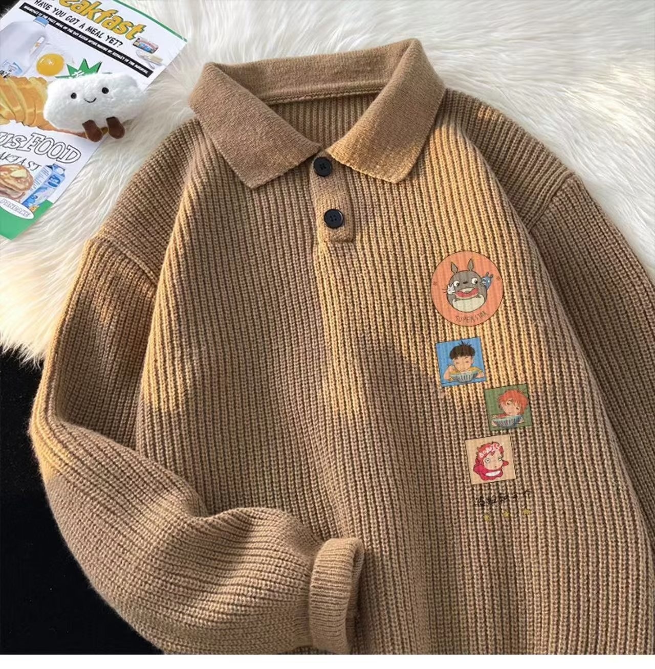 Schwarzer Polo-Pullover mit Cartoon-Motiv für Jungen, Herren, Herbst/Winter, dick gefüttert, lässig, Strickware_voghion.com