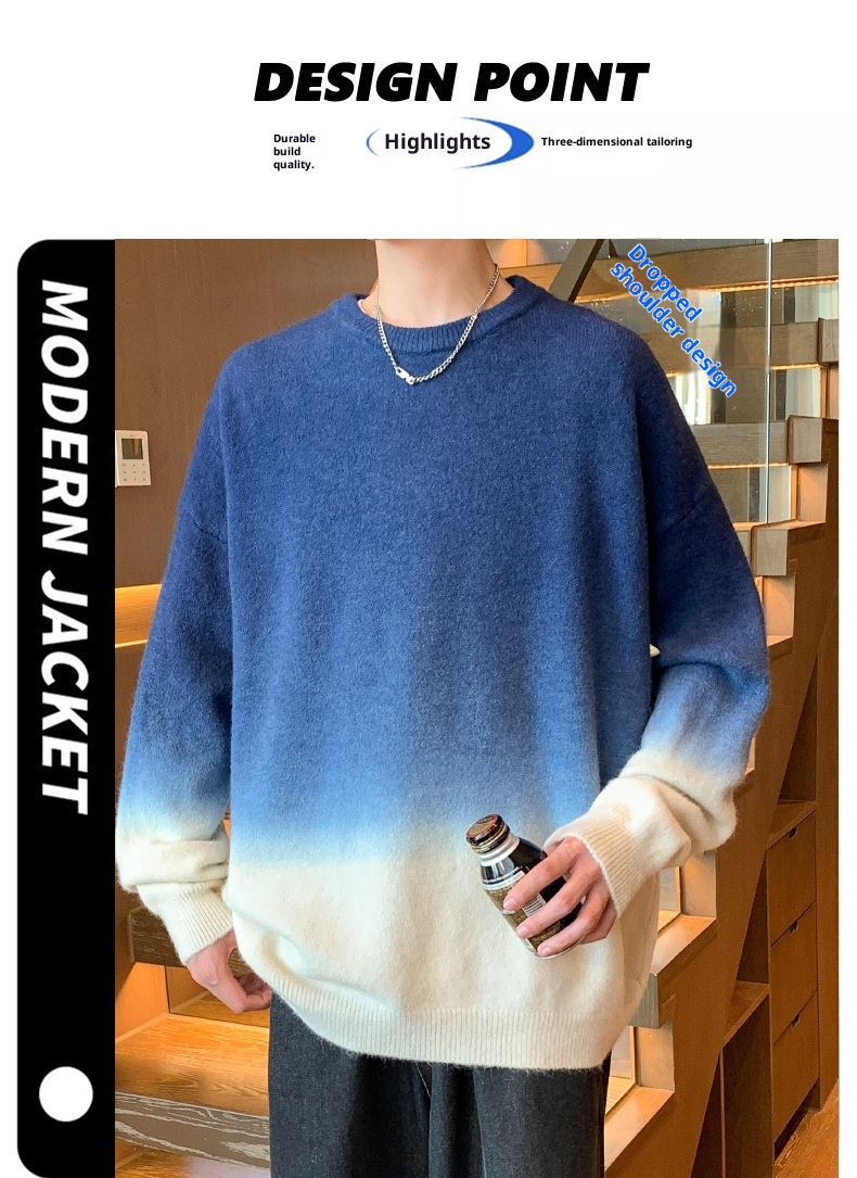 Jungen-Pullover mit Farbverlauf für Herbst/Winter, dick gefüttert, warm, gestrickt, trendiger Wollpullover für junge Leute_voghion.com