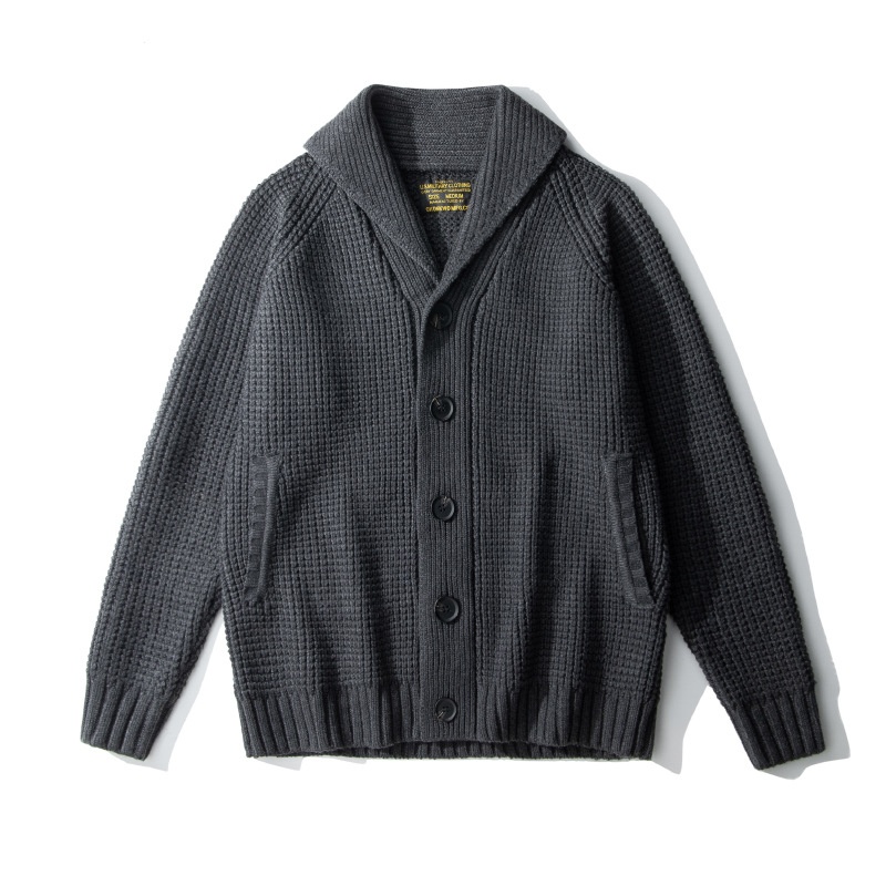 boy OKONKWO Extra Thick Raglan Sleeve Waffle Pattern Wool Cardigan Coat Turn-Down Collar Sweater_voghion.com
