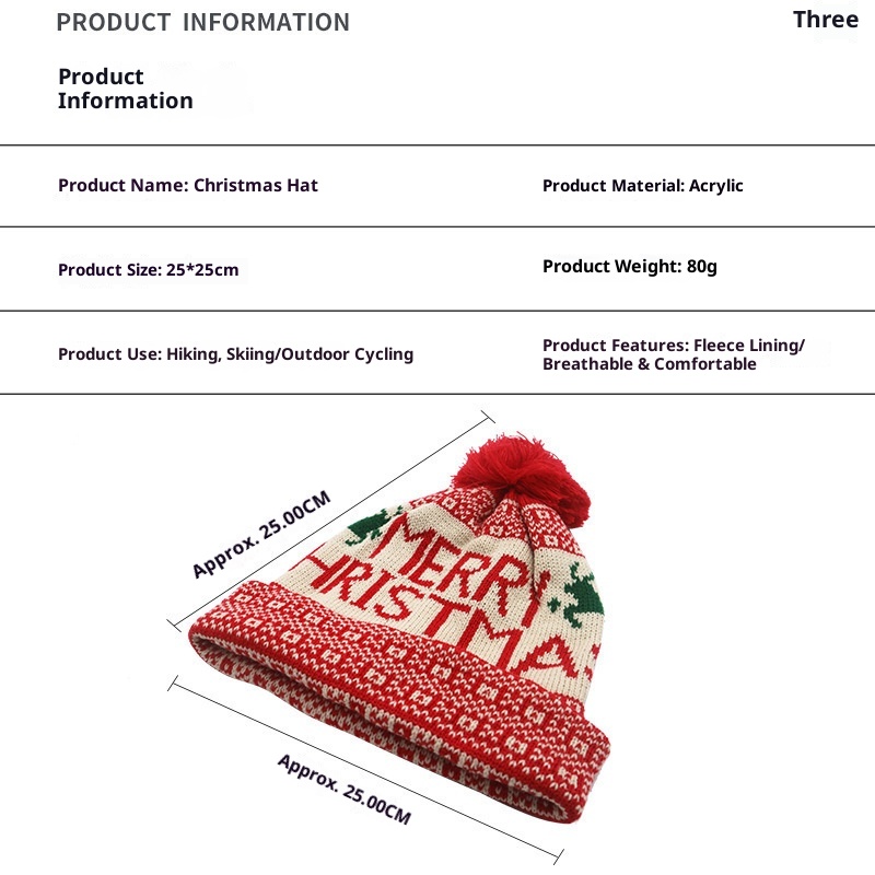 Gorro de punto navideño Lillian Winter Fashion con pompones de Papá Noel y jacquard, cálido y con protección para las orejas._voghion.com