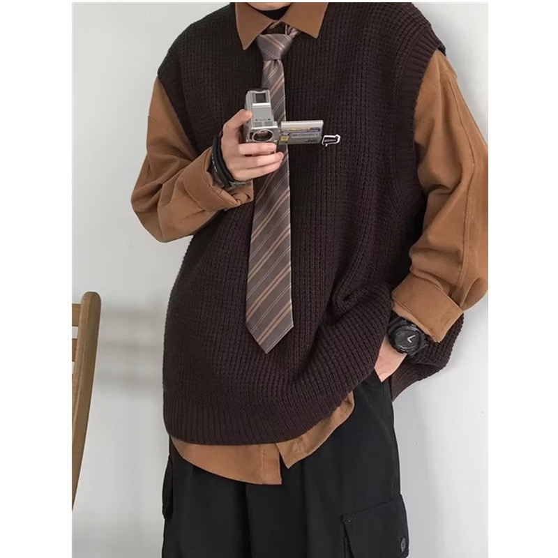 Maglione girocollo unisex in stile college, stile retrò giapponese, autunno inverno, senza maniche, in tinta unita, lavorato a maglia_voghion.com