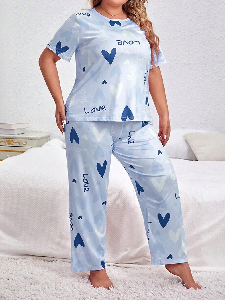 ChicShe Pyjama-Set in Übergröße für Damen: Lange Hose, Kurzarm-T-Shirt mit Herzmuster, 2-teilig, bordeauxrot_voghion.com