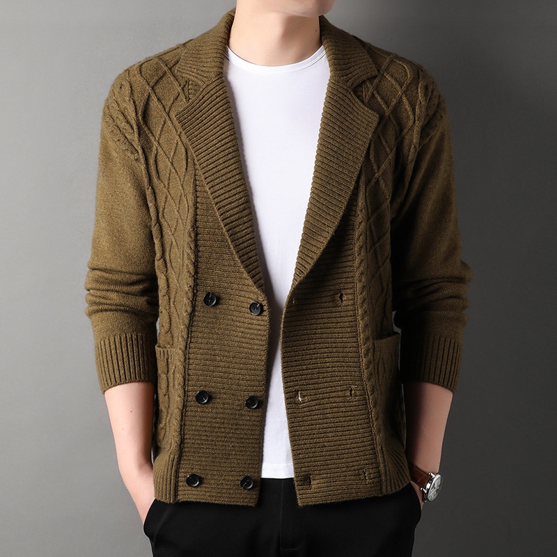 boy New Jacket Autumn Twisted Pattern Men's Cardigan British Style Suit Collar Double-Breasted Knitted Sweater Wholesale_voghion.com