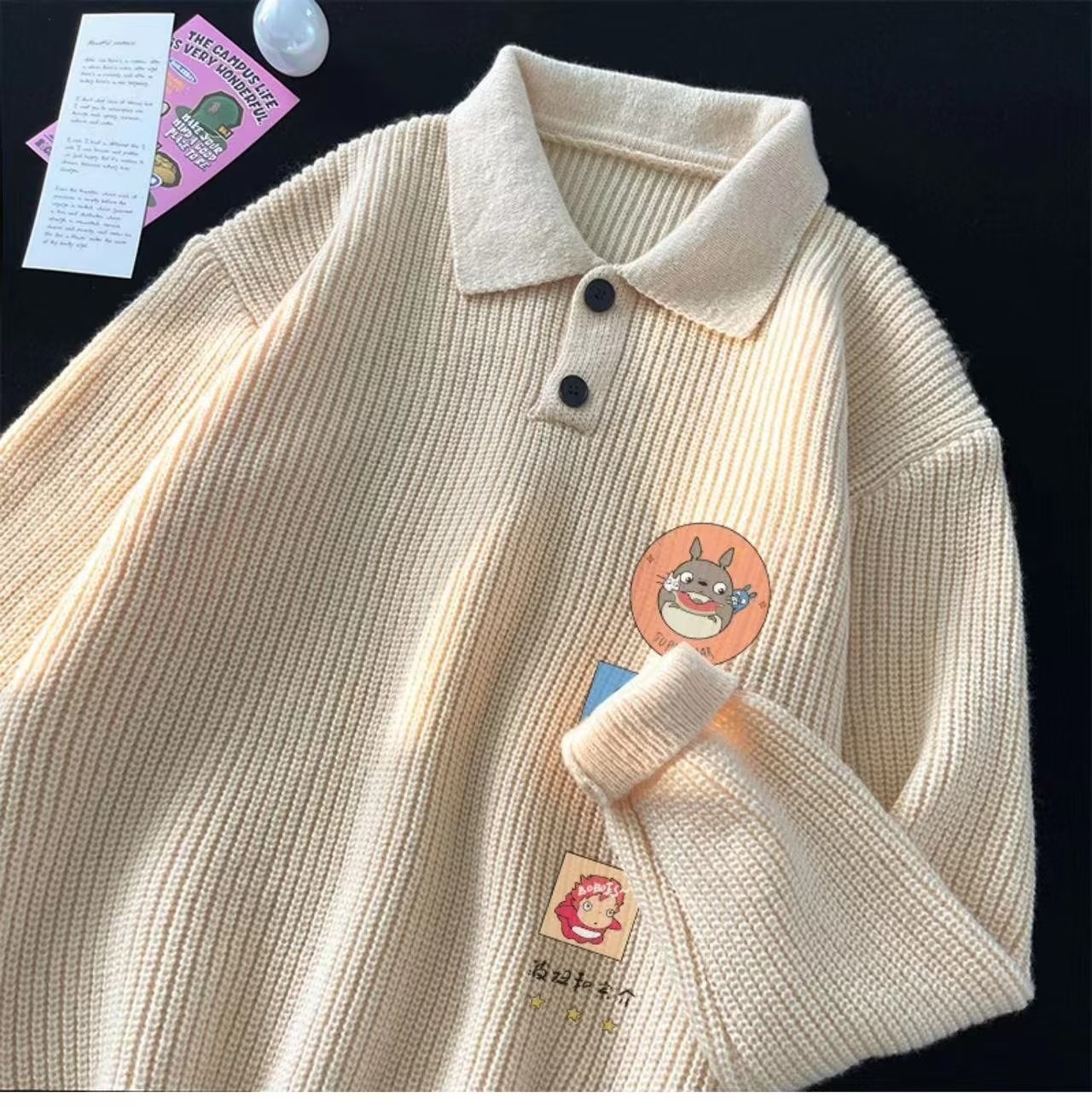 Schwarzer Polo-Pullover mit Cartoon-Motiv für Jungen, Herren, Herbst/Winter, dick gefüttert, lässig, Strickware_voghion.com