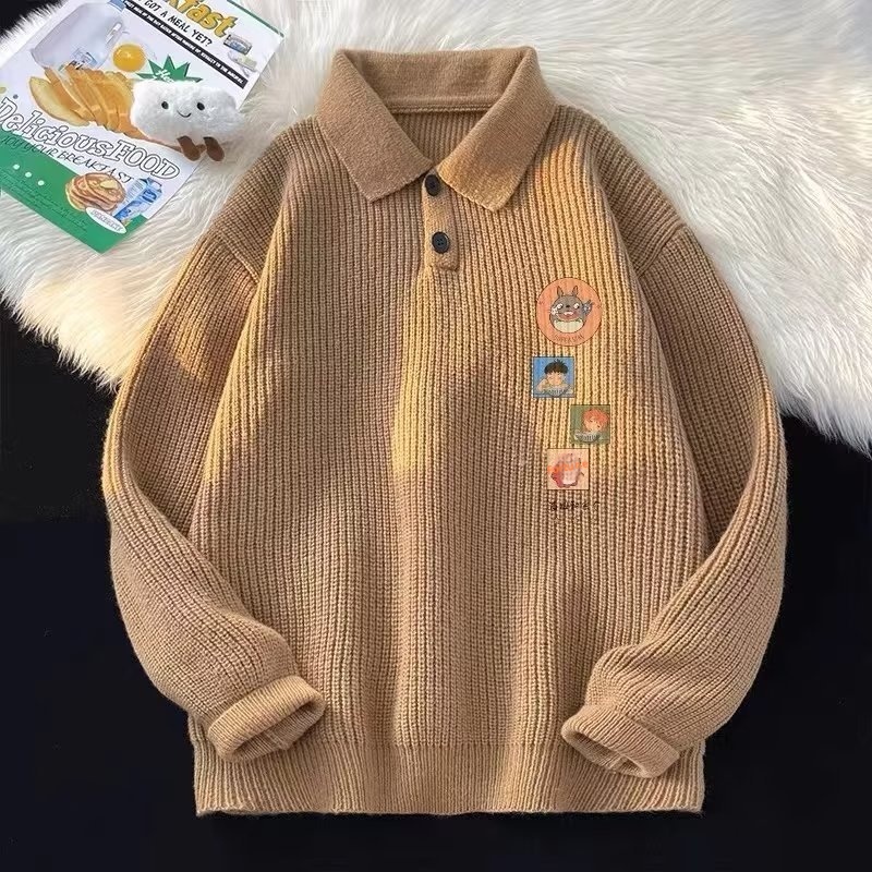 Schwarzer Polo-Pullover mit Cartoon-Motiv für Jungen, Herren, Herbst/Winter, dick gefüttert, lässig, Strickware_voghion.com